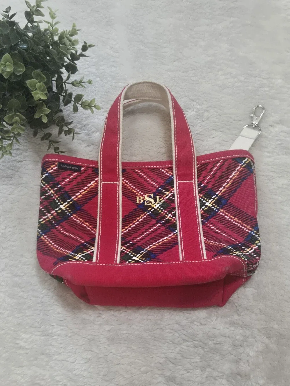 Lands' End Red Tartan Plaid Preppy Holiday Canvas Boat Tote Bag with Monogram